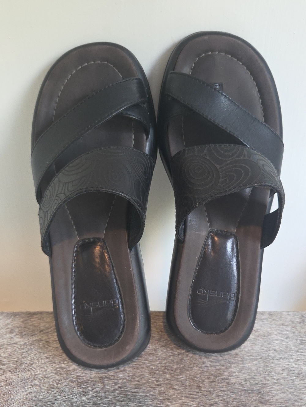 Dansko Black Crisscross Leather Slide Mules